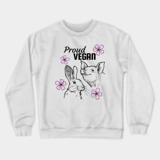 Proud vegan design featuring pig, rabbit and pink flowers Crewneck Sweatshirt